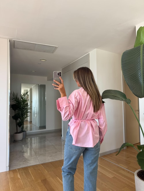 Bağlama Detaylı Poplin Gömlek - Pembe