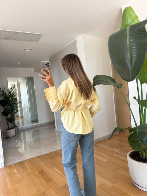 Bağlama Detaylı Poplin Gömlek - Sarı