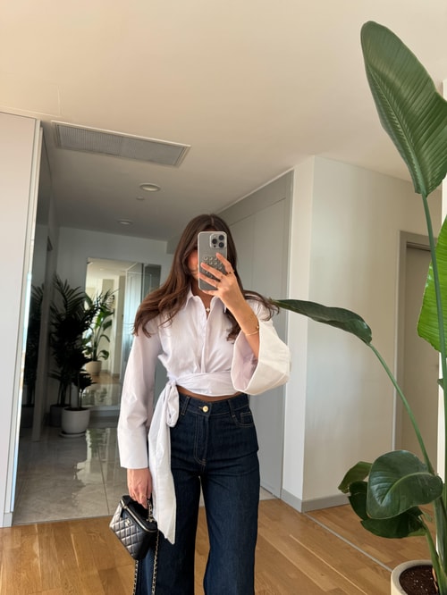 Bağlama İspanyol Kol Poplin Gömlek- Beyaz