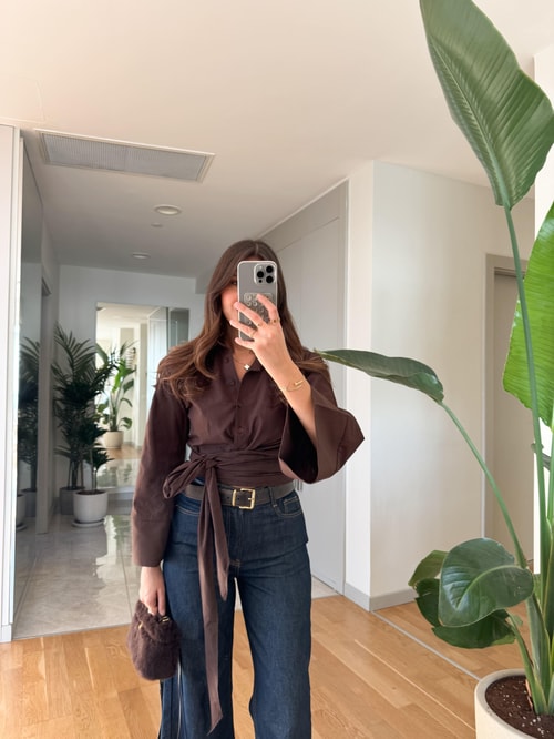 Bağlama İspanyol Kol Poplin Gömlek- Kahve