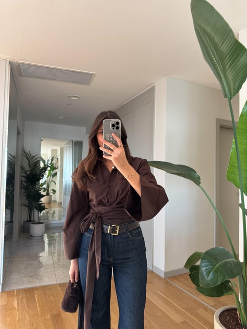 Bağlama İspanyol Kol Poplin Gömlek- Kahve