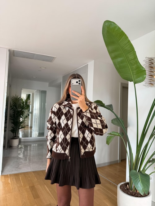 Baklava Desenli Fermuarlı Hırka - Kahve Krem