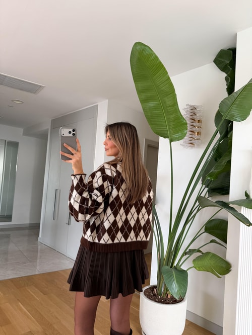 Baklava Desenli Fermuarlı Hırka - Kahve Krem