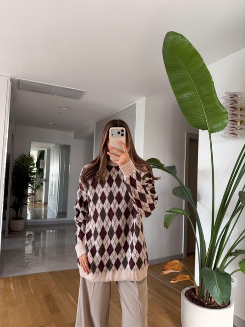 Baklava Desenli Triko Kazak 