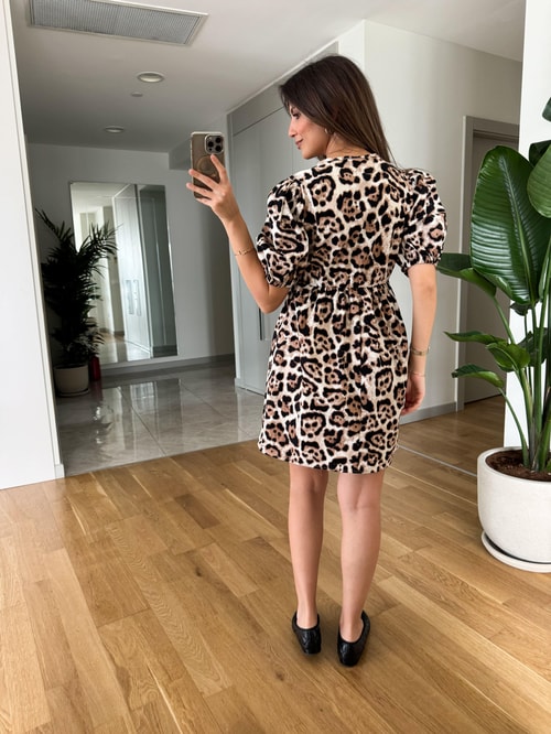Balon Kol Bağlamalı Leopar Desen Elbise