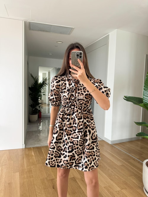 Balon Kol Bağlamalı Leopar Desen Elbise