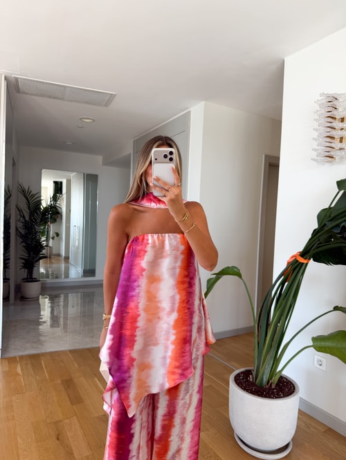 Batik Desenli Straplez Takım - Pembe