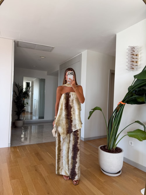Batik Desenli Straplez Takım - Yeşil