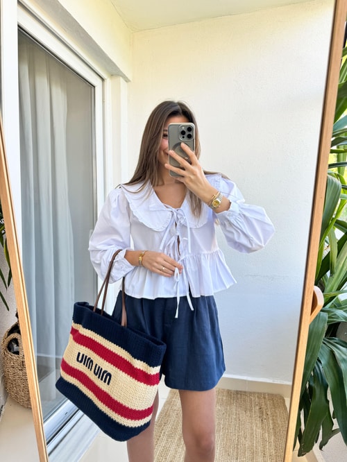 Bebe Yaka Bağlamalı Poplin Bluz -Beyaz