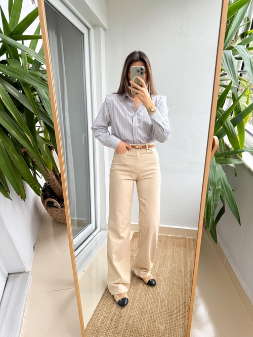 Bej Wide Leg Kesik Paça Jean