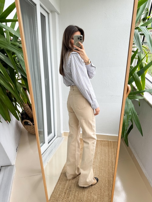 Bej Wide Leg Kesik Paça Jean