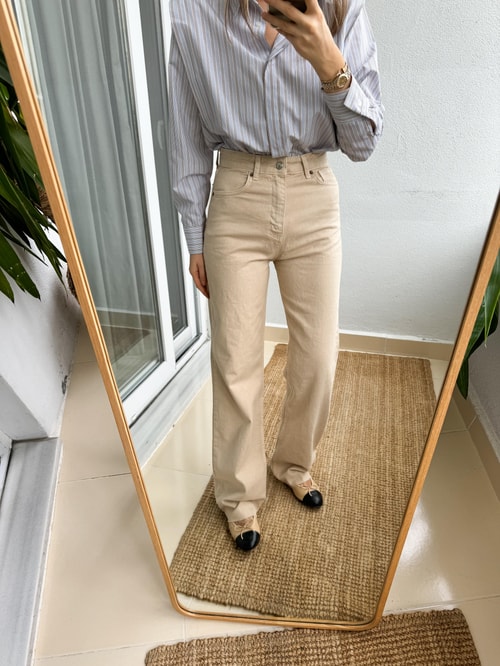 Bej Wide Leg Kesik Paça Jean