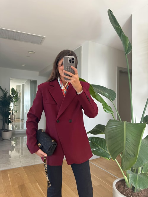 Belden Oturmalı Çift Düğmeli Kaşe Blazer-Bordo