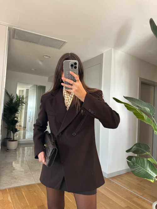 Belden Oturmalı Çift Düğmeli Kaşe Blazer-Koyu Kahve