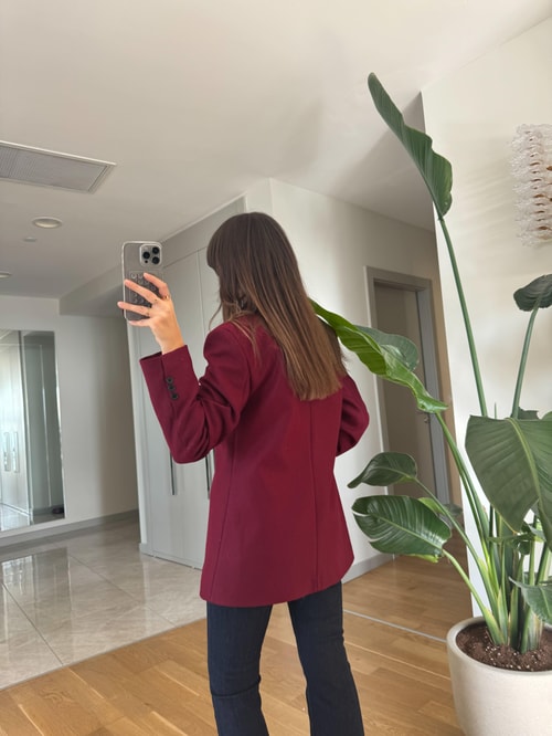 Belden Oturmalı Çift Düğmeli Kaşe Blazer-Bordo