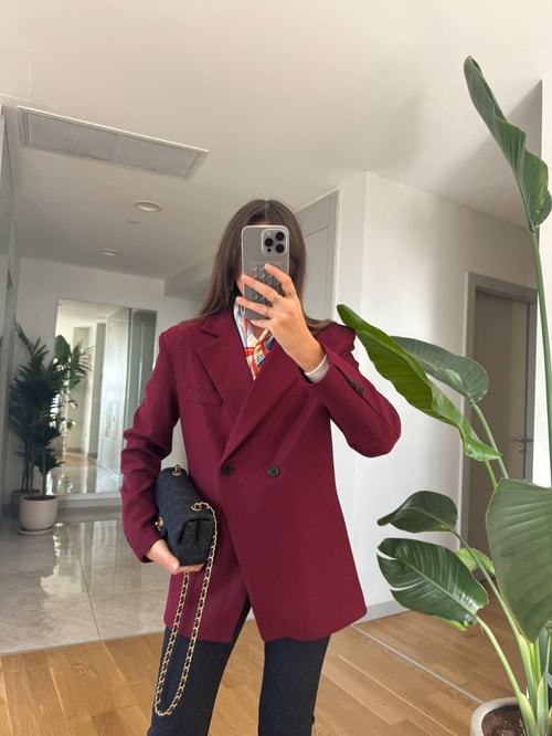 Belden Oturmalı Çift Düğmeli Kaşe Blazer-Bordo
