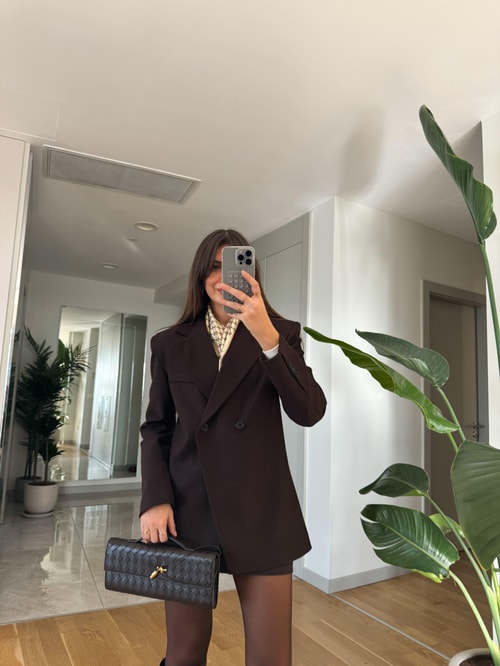 Belden Oturmalı Çift Düğmeli Kaşe Blazer-Koyu Kahve