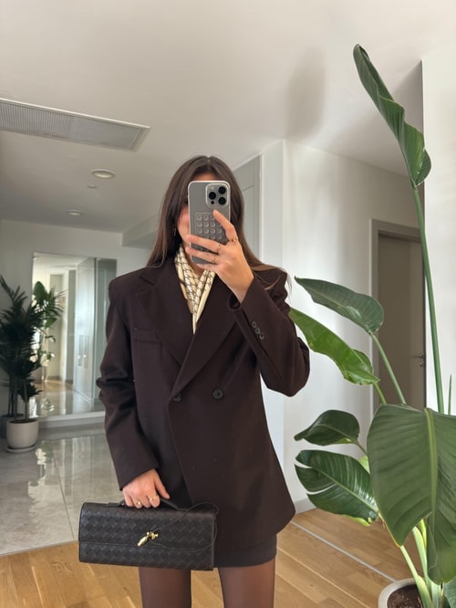 Belden Oturmalı Çift Düğmeli Kaşe Blazer-Koyu Kahve