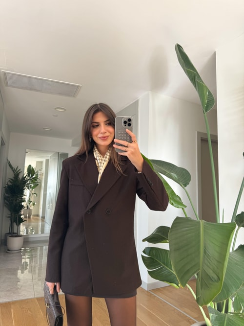 Belden Oturmalı Çift Düğmeli Kaşe Blazer-Koyu Kahve