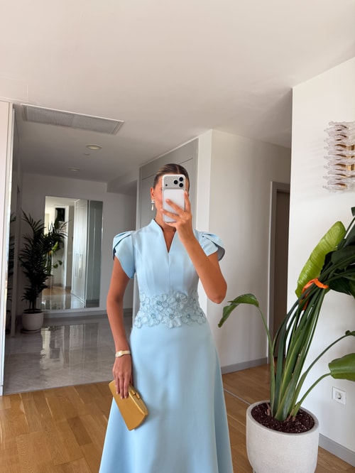 Beli Aplikeli Omuz Detaylı Elbise - Bebe Mavi