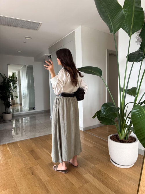 Beli Lastikli %100 Keten Etek Haki