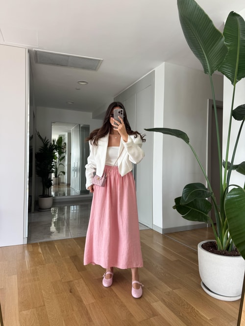 Beli Lastikli %100 Keten Etek- Pembe