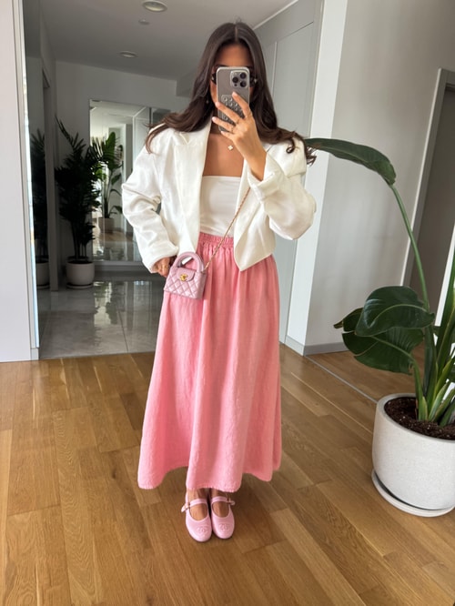 Beli Lastikli %100 Keten Etek- Pembe