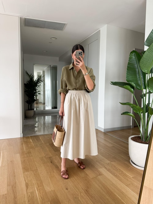 Beli Lastikli Poplin Midi Etek-Ekru
