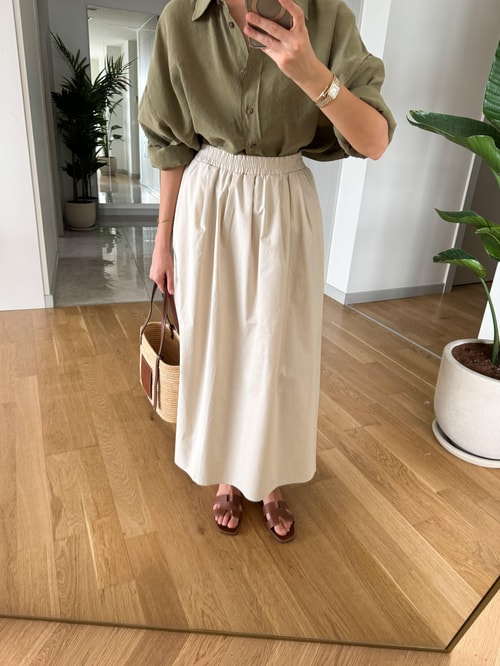 Beli Lastikli Poplin Midi Etek-Ekru