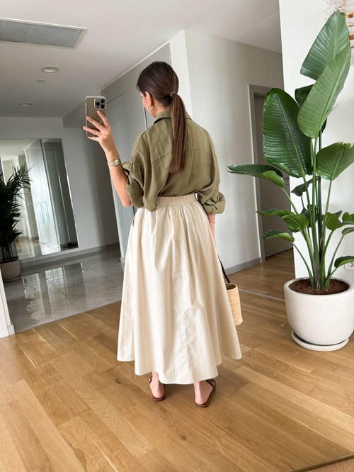 Beli Lastikli Poplin Midi Etek-Ekru