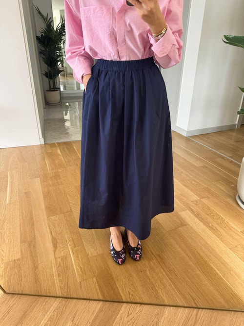 Beli Lastikli Poplin Midi Etek-Lacivert
