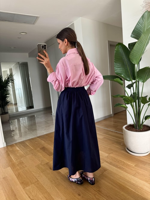 Beli Lastikli Poplin Midi Etek-Lacivert