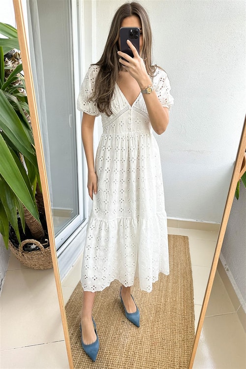 Benetton Midi Fisto Elbise-Beyaz