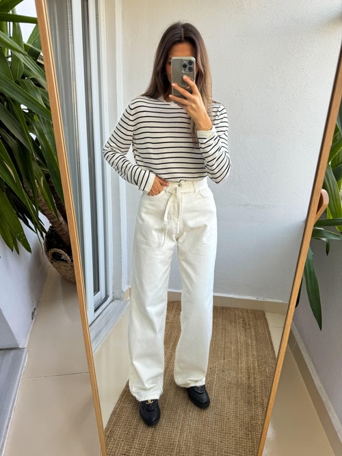Beyaz Beli İp Detaylı Jean