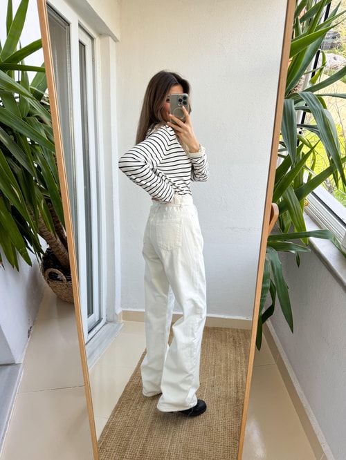 Beyaz Beli İp Detaylı Jean