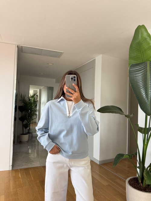 Beyaz Yakalı Fermuarlı Sweatshirt - Mavi