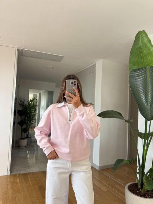 Beyaz Yakalı Fermuarlı Sweatshirt - Pembe