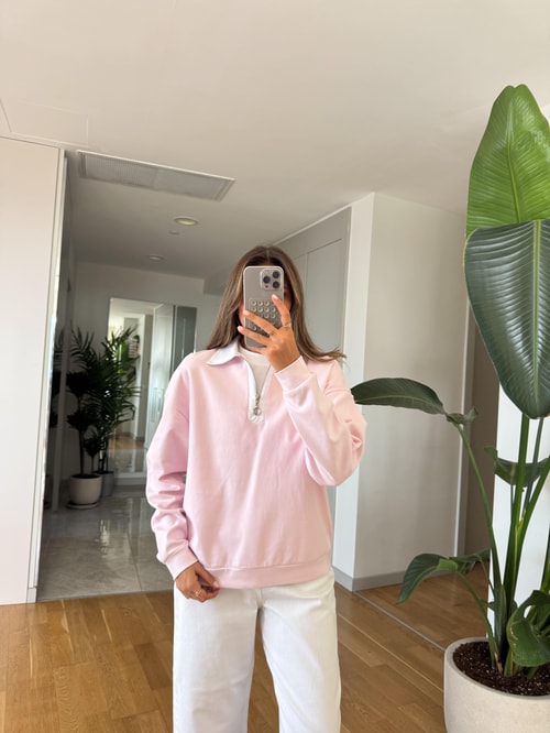 Beyaz Yakalı Fermuarlı Sweatshirt - Pembe