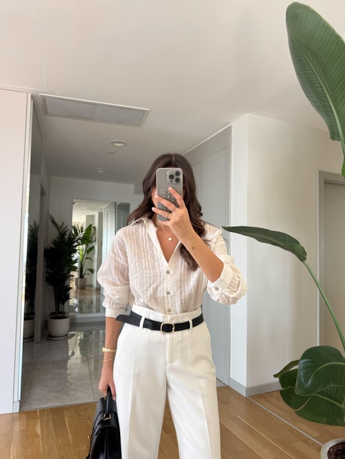 Biana Şeritli Transparan Gömlek- Ekru