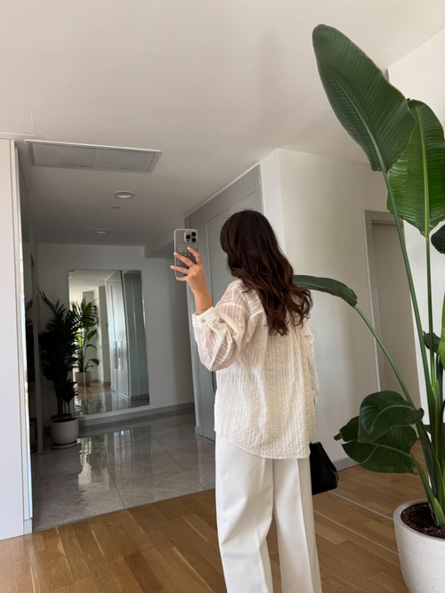 Biana Şeritli Transparan Gömlek- Ekru