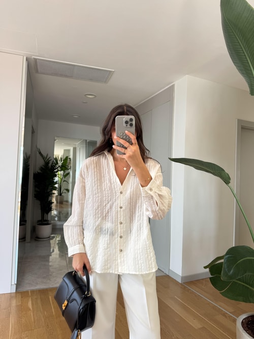 Biana Şeritli Transparan Gömlek- Ekru