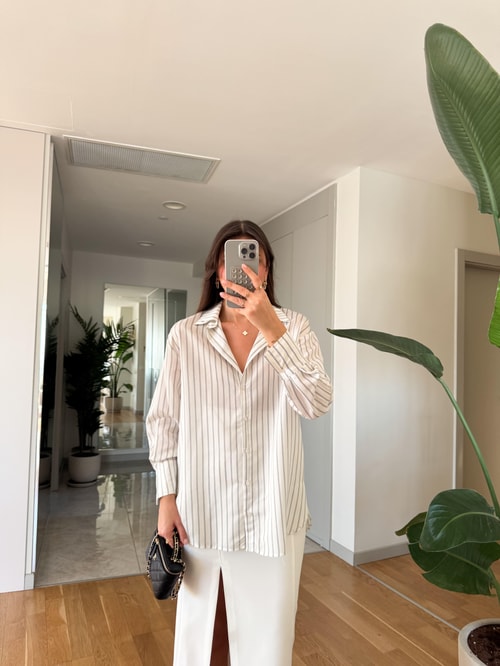 Billy Çİzgili Viskon Pamuk Gömlek-Ekru