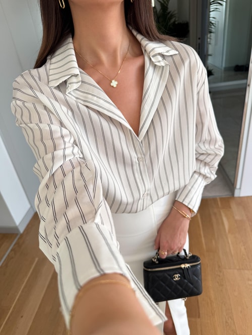 Billy Çİzgili Viskon Pamuk Gömlek-Ekru