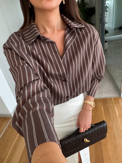 Billy Çizgili Viskon Pamuk Gömlek-Kahve