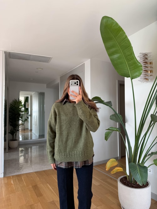 Bisiklet Yaka Örgü Detaylı Kazak - Yeşil 