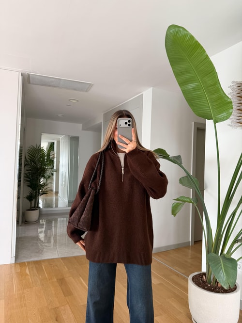 Bisso Fermuarlı Salaş Kazak - Kahve