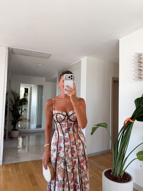 Biyeli Çiçek Desenli Maxi Elbise 