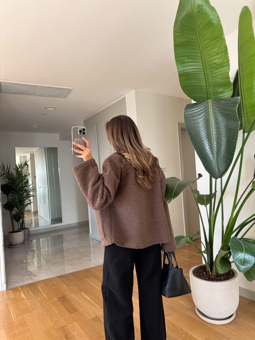 Biyeli Peluş Mont - Kahve