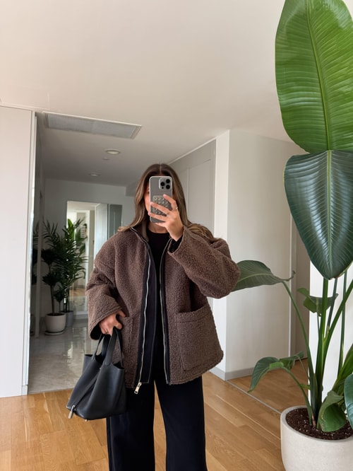 Biyeli Peluş Mont - Kahve