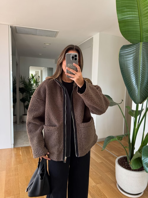 Biyeli Peluş Mont - Kahve